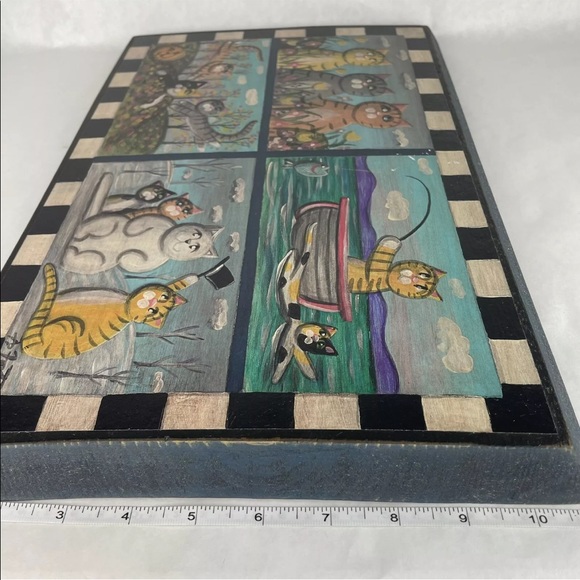 Hand Painted Cat Folk Art 4 Seasons Signed A D Foster On Wood Ready To Hang - Picture 10 of 12